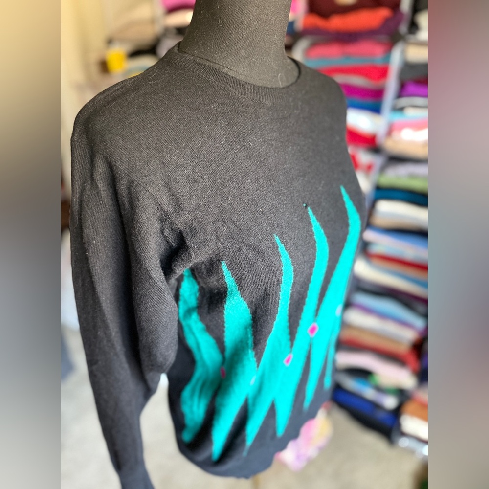 Vintage Black and Teal Cashmere Sweater, Hand Intarsia, PRINGLE,38 (M)